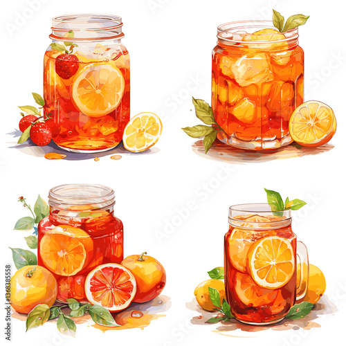 Watercolor citrus iced tea and fruit drinks in mason jars with lemon, orange, and strawberry garnish. Perfect for summer menu design, beverage ads, and food illustrations.

