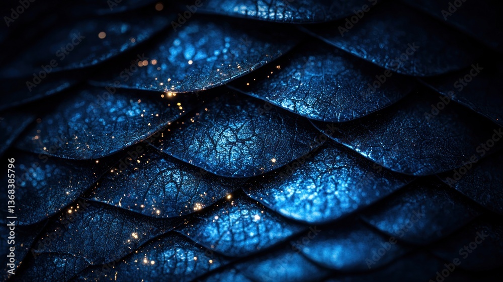 Fototapeta premium Close-up view of intricate, dark blue scales with golden sparkles