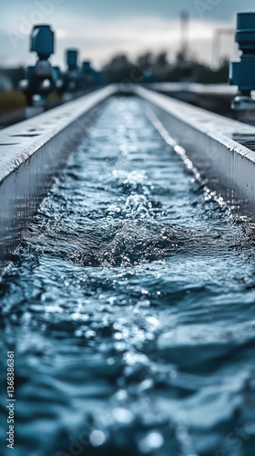 Water flowing in industrial channel with control valves