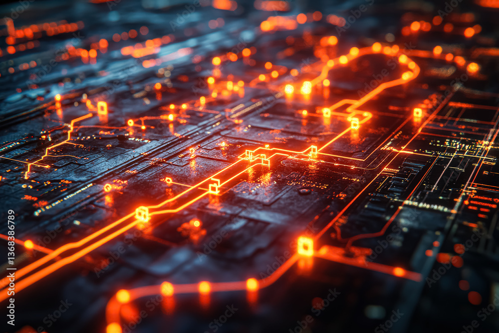 Fototapeta premium Computer chip with a lot of orange lights on it. The lights are arranged in a grid pattern