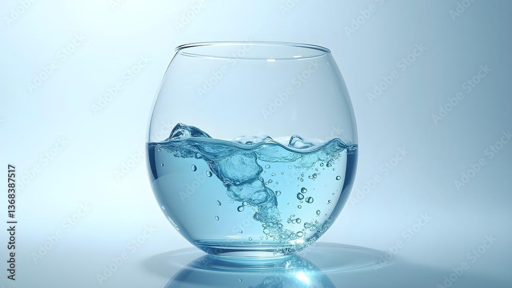 Clear Water in a Glass Bowl with Splashing Motion and Bubbles on Light Blue Background Clear Water in a Glass Bowl with Splashing Motion and Bubbles on Light Blue Background