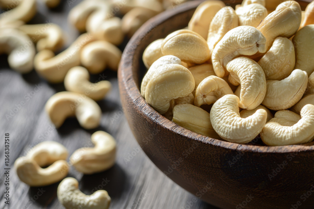 A wooden bowl filled with smooth, golden cashews sits atop a weathered wooden table, the warm tones of the wood enhancing the nut's rich, buttery texture and inviting appearance