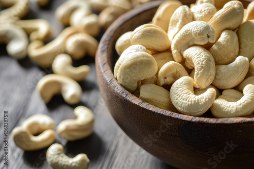Obraz na płótnie A wooden bowl filled with smooth, golden cashews sits atop a weathered wooden table, the warm tones of the wood enhancing the nut's rich, buttery texture and inviting appearance w salonie