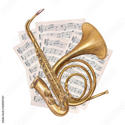 Canvas Print French horn, saxophone on vintage sheet music paper watercolor illustration isolated background