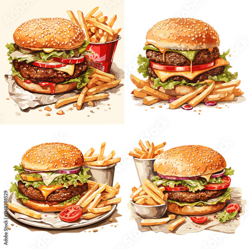 Juicy cheeseburgers with lettuce, tomato, and fries served in classic fast food style. Perfect for restaurant menus, food delivery promotions, or fast food packaging visuals.

