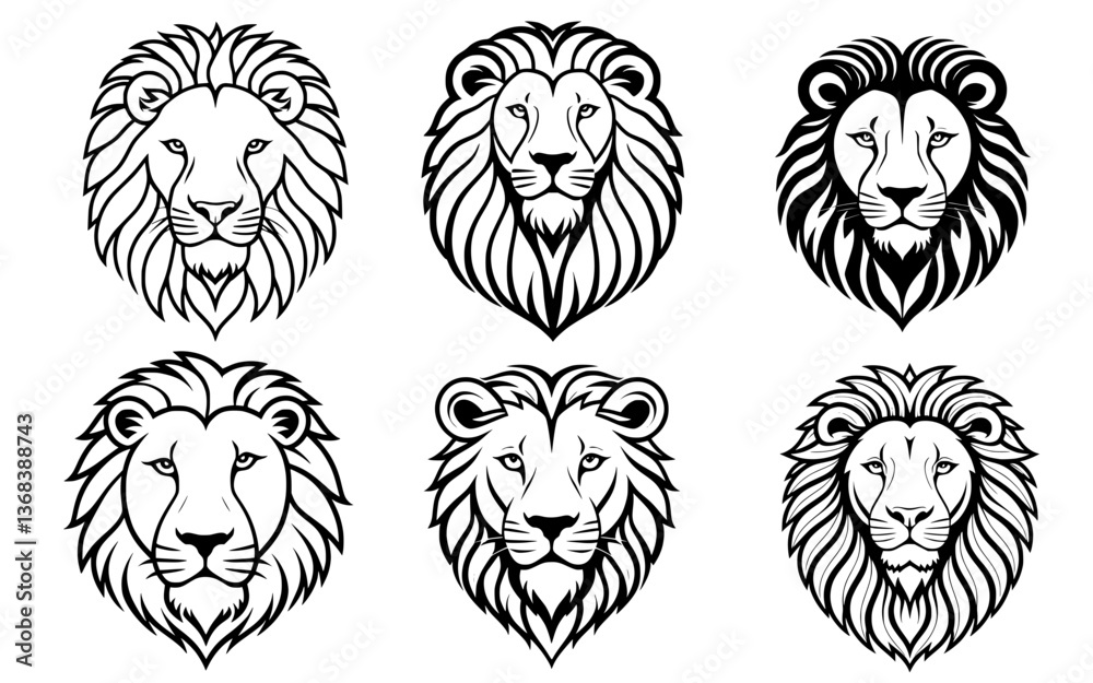 Fototapeta premium Vector Illustration of Multiple Lion Heads with Manes and Facial Features in Bold Flat Wildlife Style