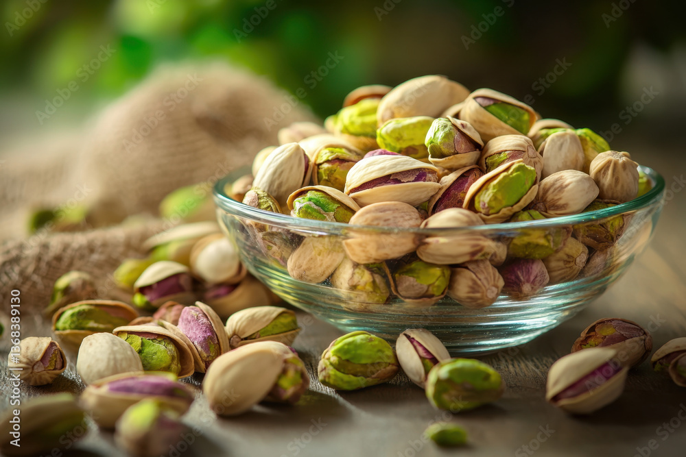 Pistachios rest in a clear glass bowl, with a few scattered on the rustic wooden table