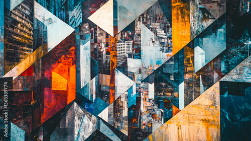Captivating city artwork showcasing various colored shapes and fragmented structures rendered in a cubist style with geometric layers.