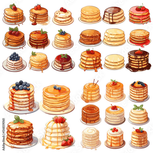 Assorted pancake stacks with syrup, chocolate, berries, and cream toppings. Ideal for breakfast menus, food illustrations, brunch promotions, or cafe-themed designs.

