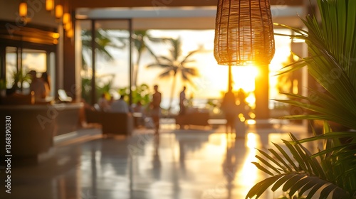 Blurred expansive beachfront resort lobby with guests in the background