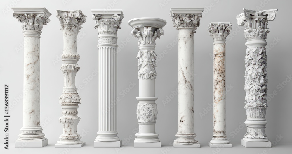 Fototapeta premium Collection of Ornate White Marble Columns Against White Background