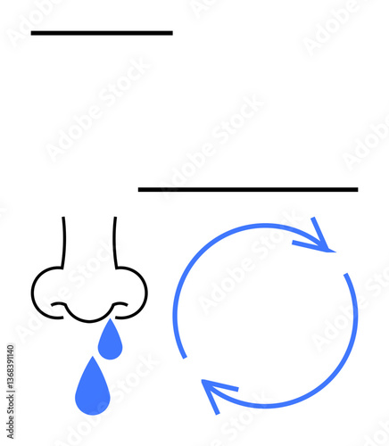 Runny nose symbol with teardrop shapes alongside a circular arrow cycle. Ideal for health, allergies, cold, sinus, immunity, repetition, recovery. A flat simple metaphor