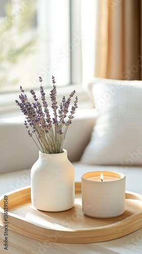 Fresh lavender in a vase and a lit candle on a wooden tray in a sunlit interior near a cozy window