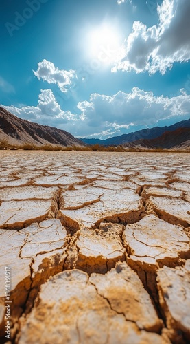 Cracked Earth Under Bright Sunlight, Arid Desert Landscape with Mountains