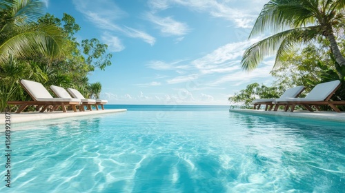 A perfect tropical poolside retreat, featuring crystal clear waters and inviting lounge chairs, creating an idyllic escape for sunbathing and enjoying nature’s beauty.
