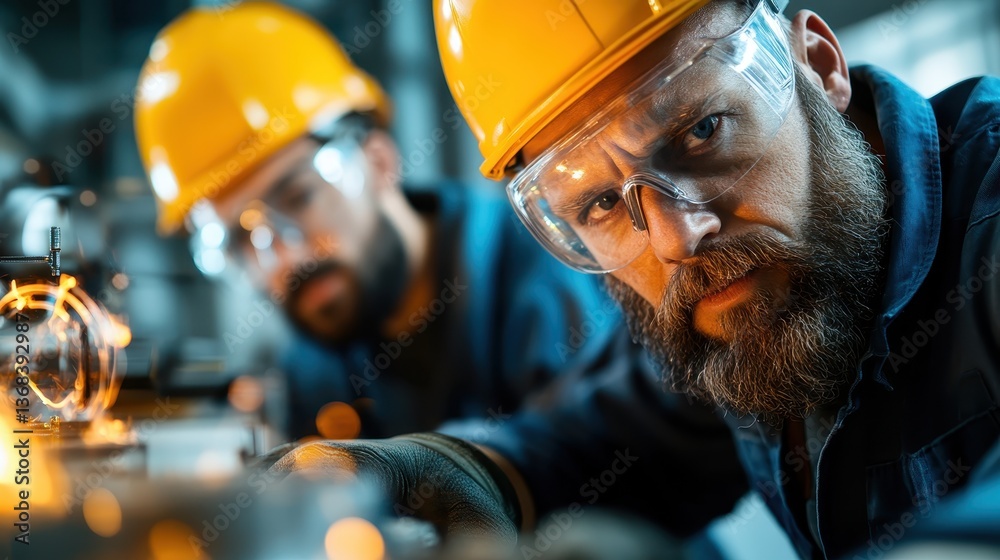 A focused worker analyzes equipment as sparks fly, representing the dynamic nature of mechanics in an industrial setting, highlighting dedication, craftsmanship, and technical excellence.