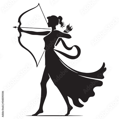 Fierce Artemis silhouette, the protector of nature - Artemis illustration - Artemis vector - Greek goddess silhouette

