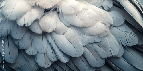 Close up of a bird's wing with many white feathers. The feathers are arranged in a way that creates a sense of movement and texture