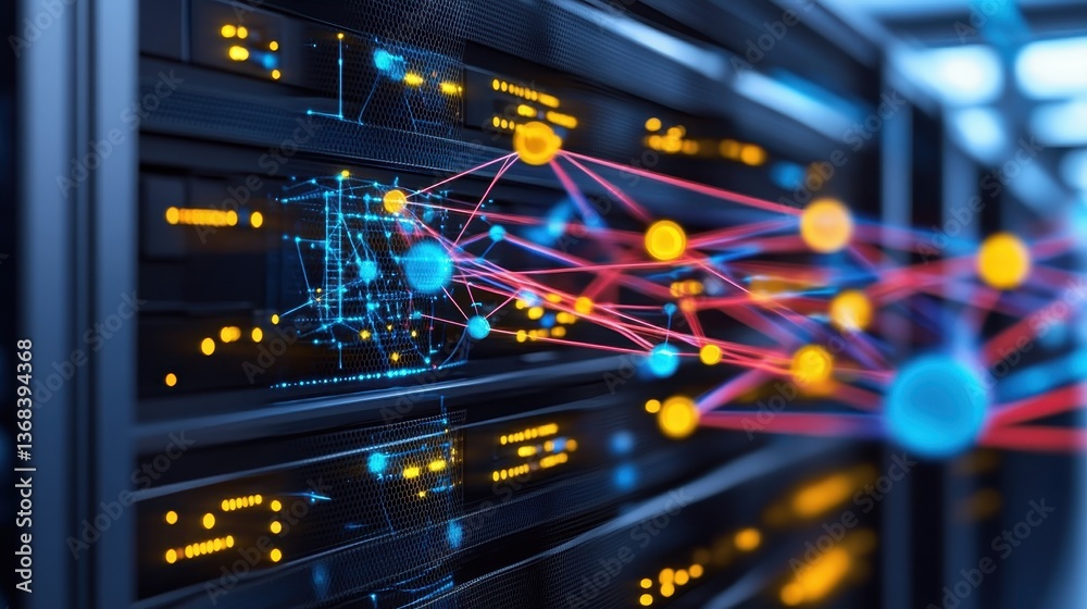 Naklejka premium A stylized visualization illustrating interconnected data nodes and network pathways projected on a server rack showcasing data flow and connectivity