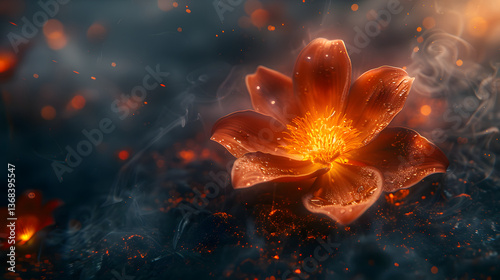 Vibrant orange flower blooming amidst a smoky background with glowing particles and ethereal light