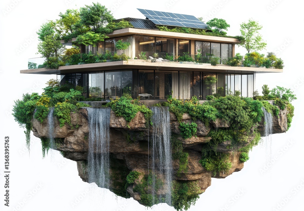 Modern Eco Friendly Floating House with Waterfall and Lush Greenery Modern Eco Friendly Floating House with Waterfall and Lush Greenery