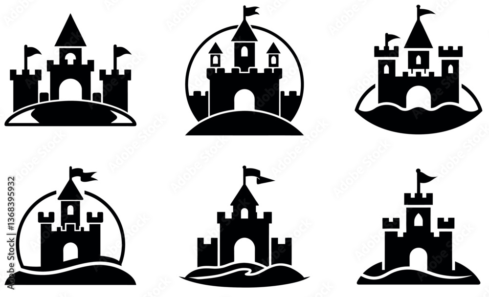 Simple Black and White Sandcastle Icons Set design Simple Black and White Sandcastle Icons Set design