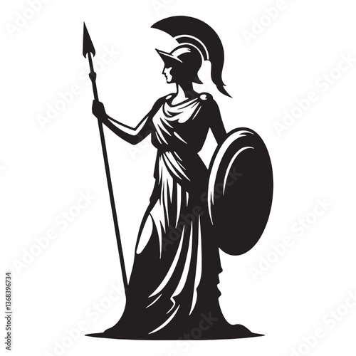 Powerful Athena silhouette, armed with shield and spear - Athena illustration - Athena vector - Greek goddess silhouette

