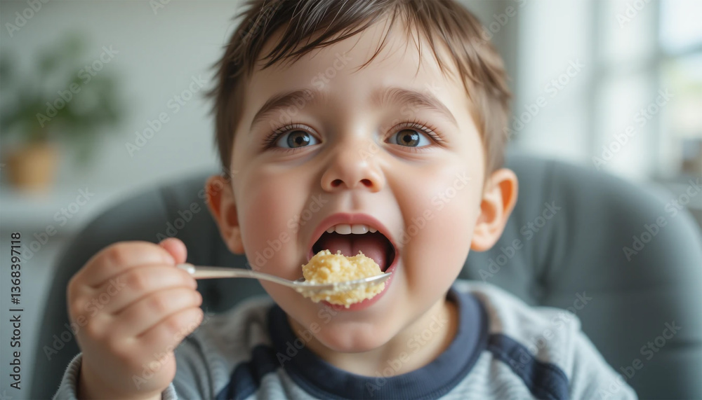 A curious toddler eagerly enjoys a spoonful of creamy, golden goodness during a heartwarming home meal, captured with soft, natural light. A curious toddler eagerly enjoys a spoonful of creamy, golden goodness during a heartwarming home meal, captured with soft, natural light.