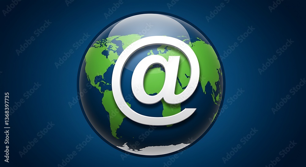 Globe with green continents and an at symbol on a blue background representing global communication Globe with green continents and an at symbol on a blue background representing global communication