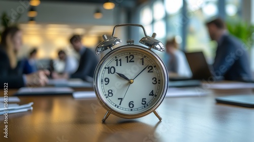 Silver Alarm Clock on Wooden Table in Blurred Office Setting