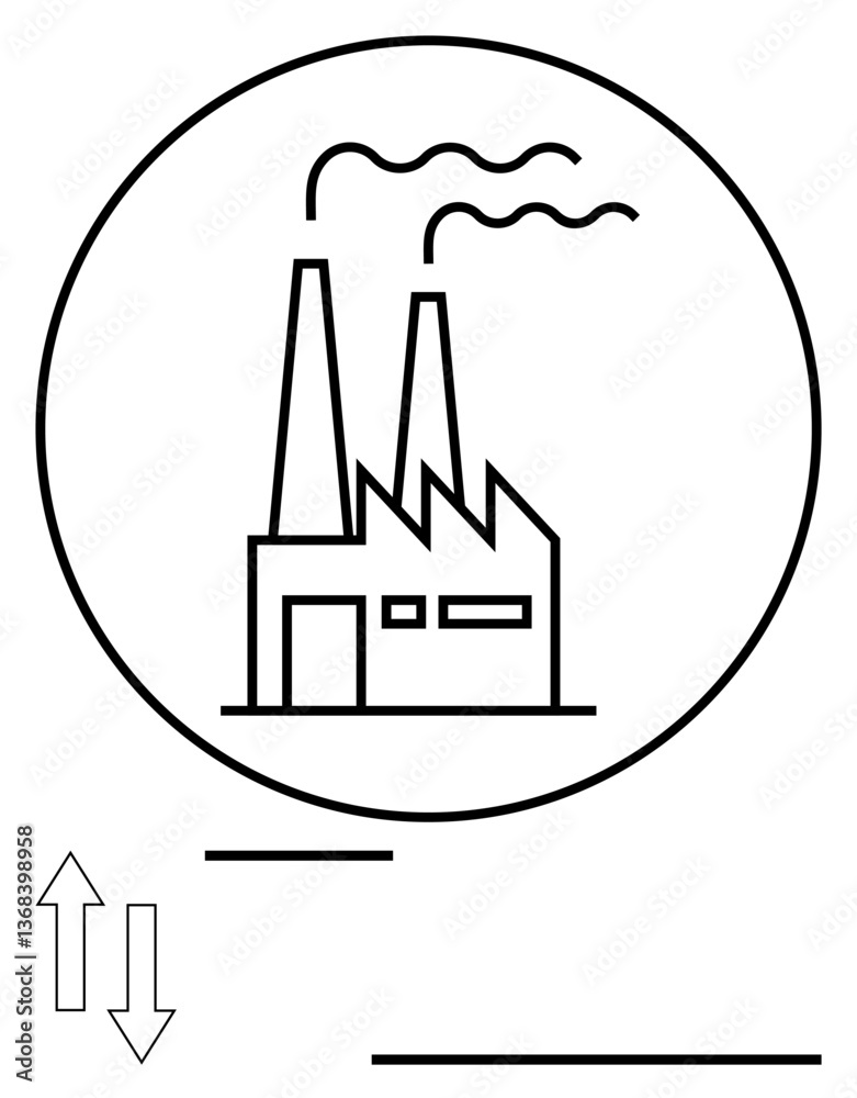 Industrial factory with smoke stacks inside circle, depicting production and impact. Ideal for industry, environment, supply chain, manufacturing, efficiency, pollution energy. Flat simple metaphor Industrial factory with smoke stacks inside circle, depicting production and impact. Ideal for industry, environment, supply chain, manufacturing, efficiency, pollution energy. Flat simple metaphor