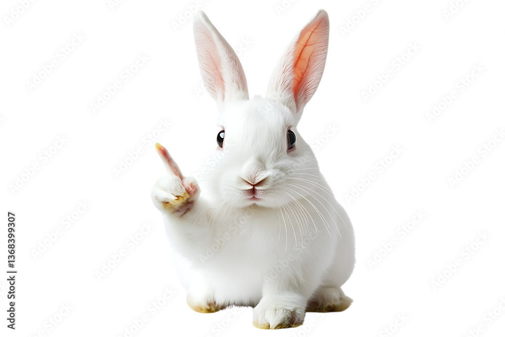 Fototapeta premium A white rabbit sitting up with one paw raised on white background