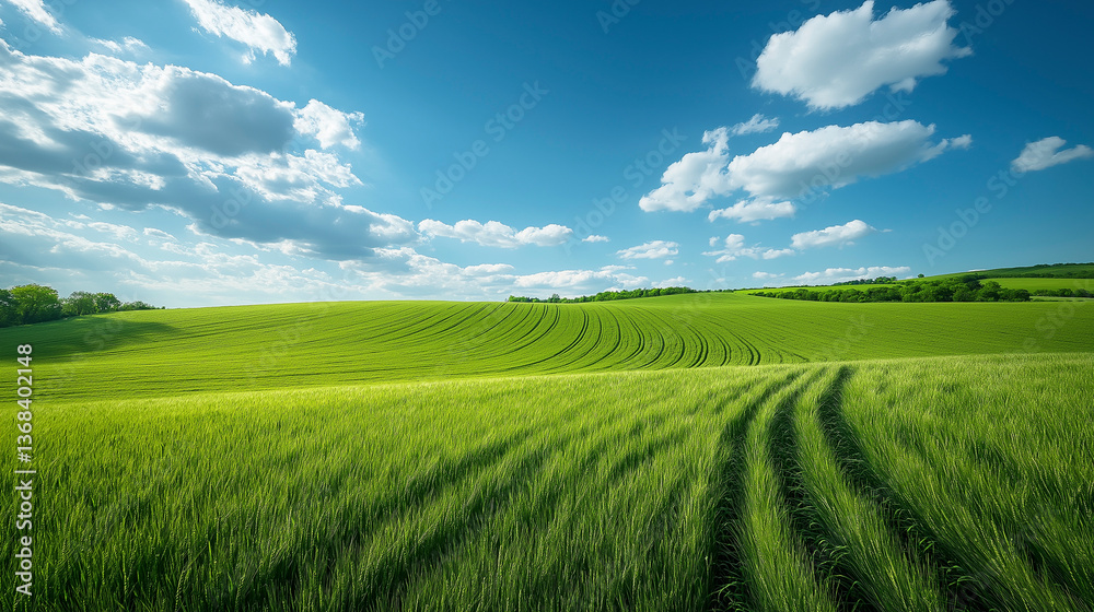 Naklejka premium Tractor mowing green field. Ecology nature agriculture
