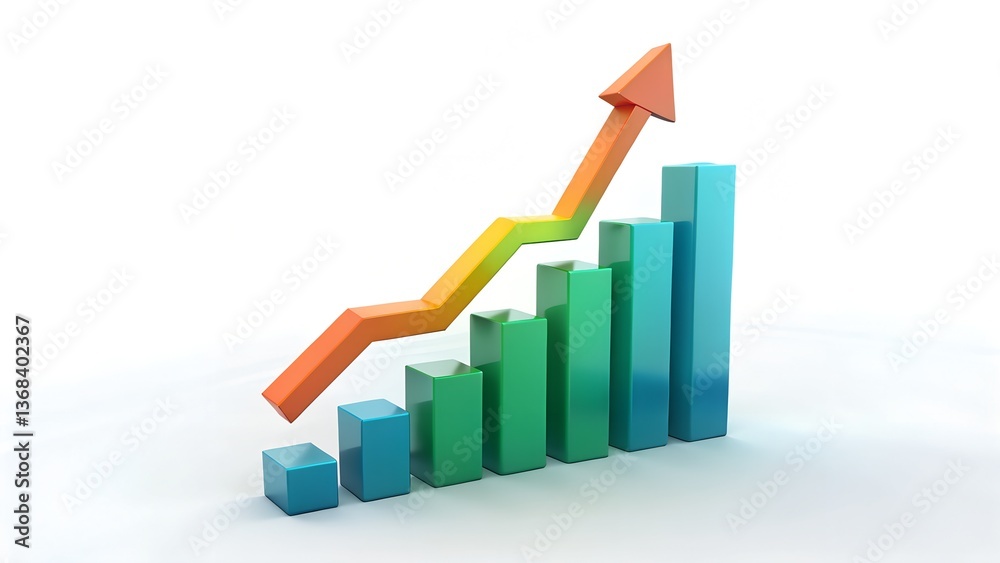A 3D business graph with an upward arrow illustrates financial growth and market success A 3D business graph with an upward arrow illustrates financial growth and market success
