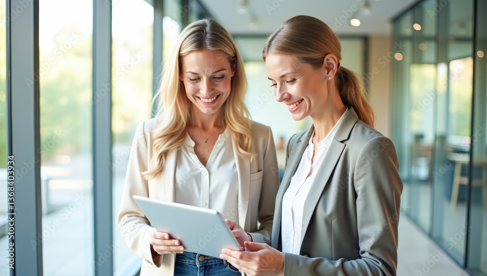 two office employees are standing looking at a tablet discussing two office employees are standing looking at a tablet discussing