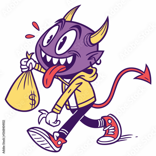 Mischievous Cartoon Devil Running with Money Bag