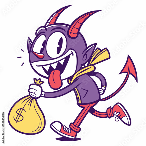 Mischievous Cartoon Devil Running with Money Bag