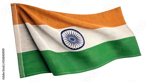 Indian Flag: A detailed view of the Indian flag waving, displaying its vibrant tricolor design, the Ashoka Chakra symbol, and textures.