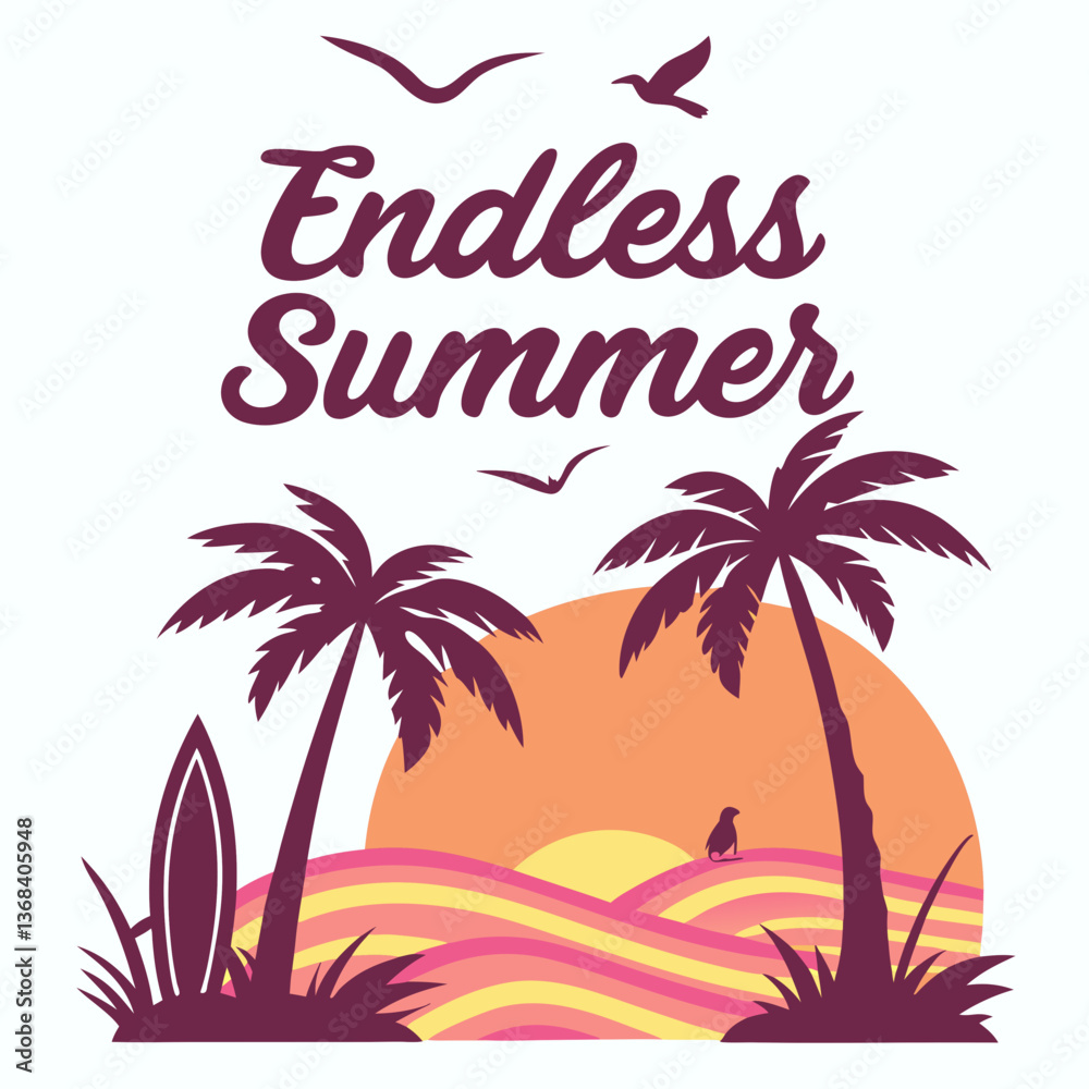 Naklejka premium Endless Summer: Tropical Sunset Beach Scene with Palm Trees and Surfboard