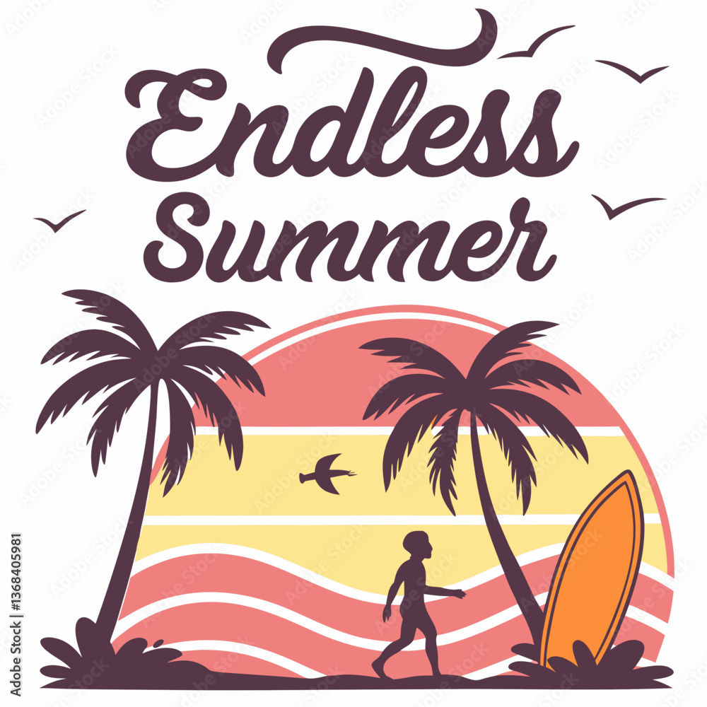 Naklejka premium Endless Summer: Surfer Walking on Beach at Sunset with Palm Trees and Surfboard