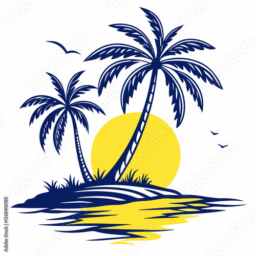 Tropical Island Sunset: Two Palm Trees Silhouette with Yellow Sun