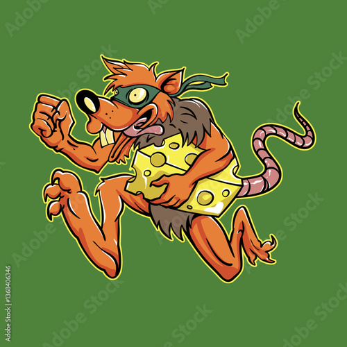 Cartoon Crazy Rat Stealing Cheese Vector Illustration