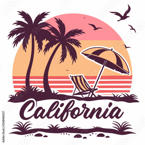 Wallpaper Mural California Sunset Beach Scene: Palm Trees, Beach Chair, and Umbrella Torontodigital.ca
