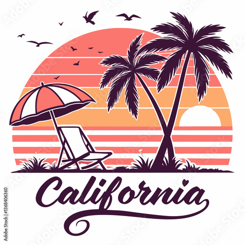 California Sunset: Beach Chair, Palm Trees, and Retro Vibes