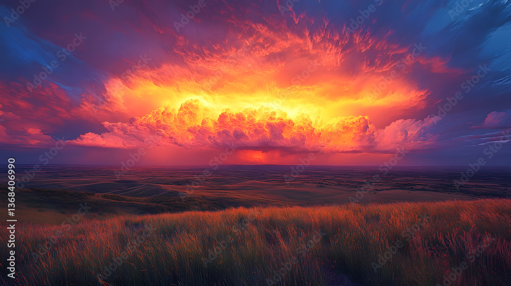 Obraz premium Vibrant sunset over a vast landscape with rolling hills and dramatic cloud formations