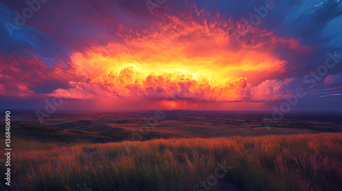 Vibrant sunset over a vast landscape with rolling hills and dramatic cloud formations