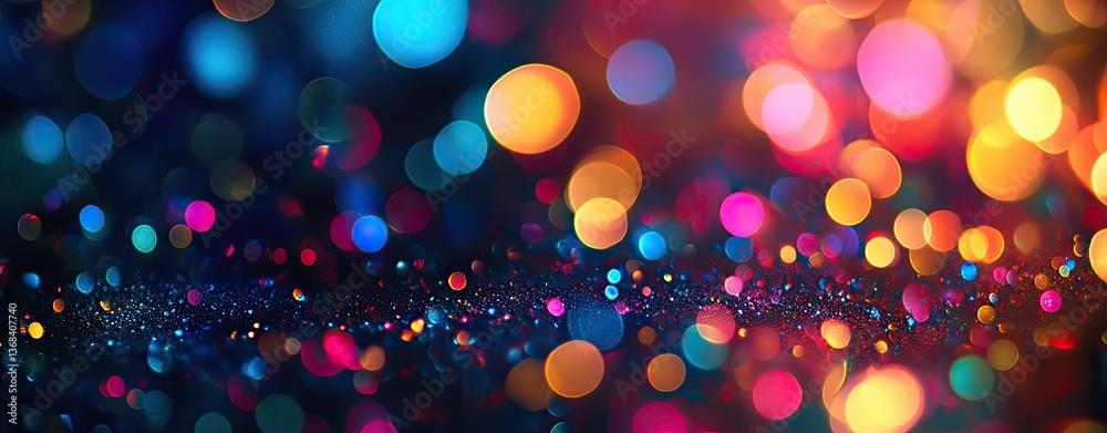 Naklejka premium A vibrant, colorful bokeh effect featuring a mix of blue, orange, pink, and purple lights against a dark background, creating a dreamy atmosphere.