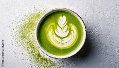Matcha Green Tea in a Ceramic Cup with Foamy Texture