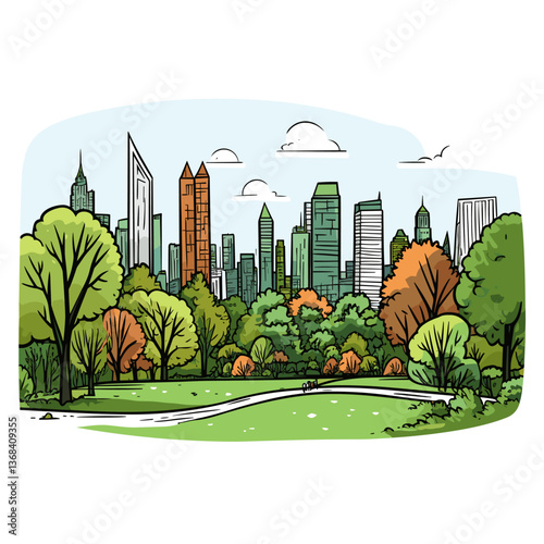 Central Park. Central Park hand-drawn comic illustration. Vector doodle style cartoon illustration