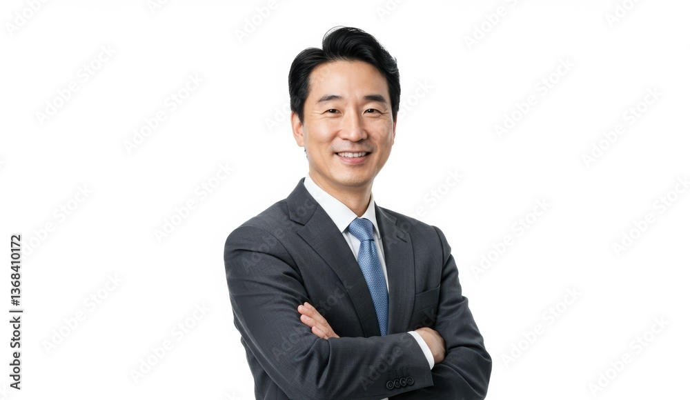 Asian businessman smiling in formal suit with arms crossed on white background. Themes of professionalism and success. Asian businessman smiling in formal suit with arms crossed on white background. Themes of professionalism and success.